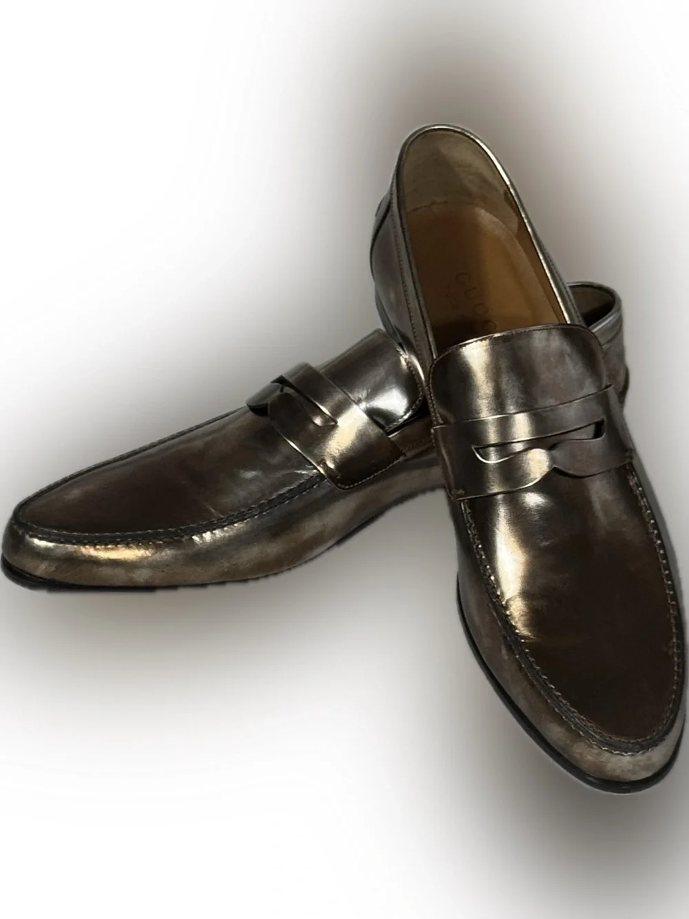 Gucci Bronze Mirror Leather Penny Loafers Dress Shoes 10.5 D Italy NWT